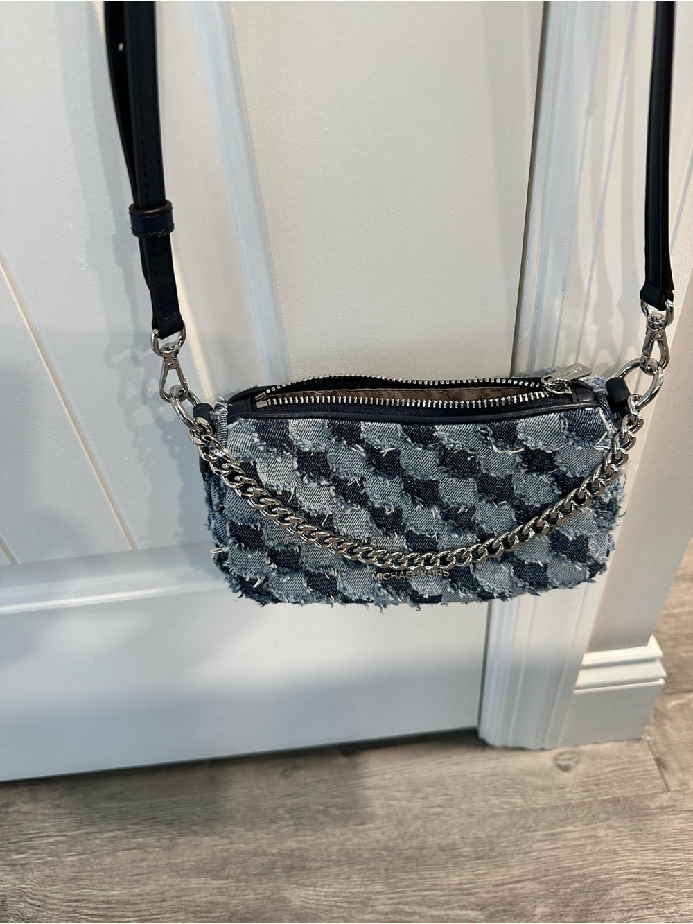 Michael Kors Blue Denim Houndstooth Chain-Trim Crossbody